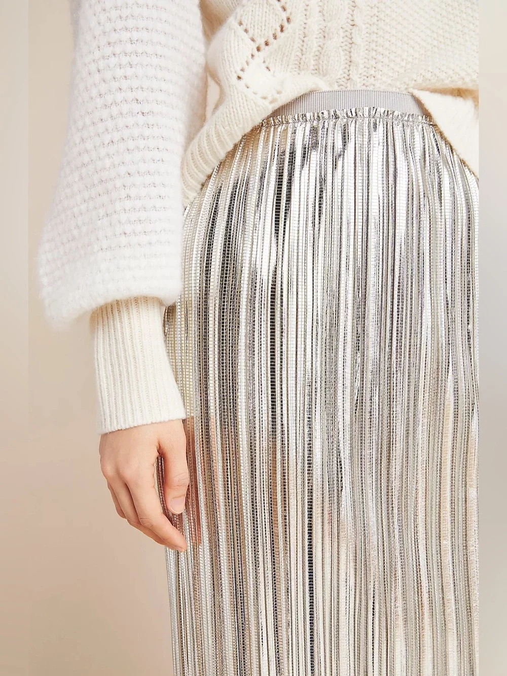 Maeve Metallic Silver Pleated Midi Skirt